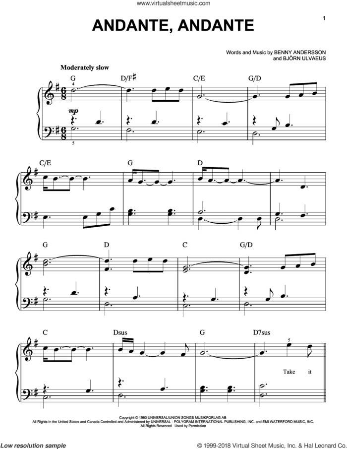 Andante, Andante (from Mamma Mia! Here We Go Again) sheet music for piano solo by ABBA, Benny Andersson and Bjoern Ulvaeus, easy skill level