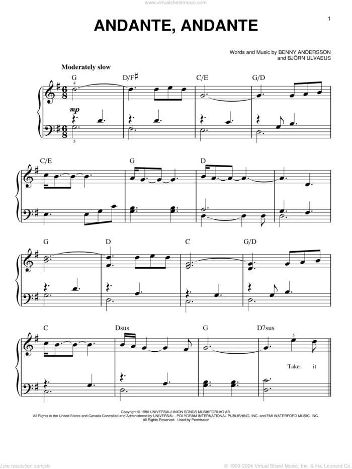 Andante, Andante (from Mamma Mia! Here We Go Again) sheet music for piano solo by ABBA, Benny Andersson and Bjoern Ulvaeus, easy skill level