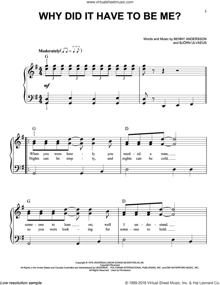 Why Did It Have To Be Me? (from Mamma Mia! Here We Go Again) sheet music for piano solo by ABBA, Benny Andersson and Bjoern Ulvaeus, easy skill level