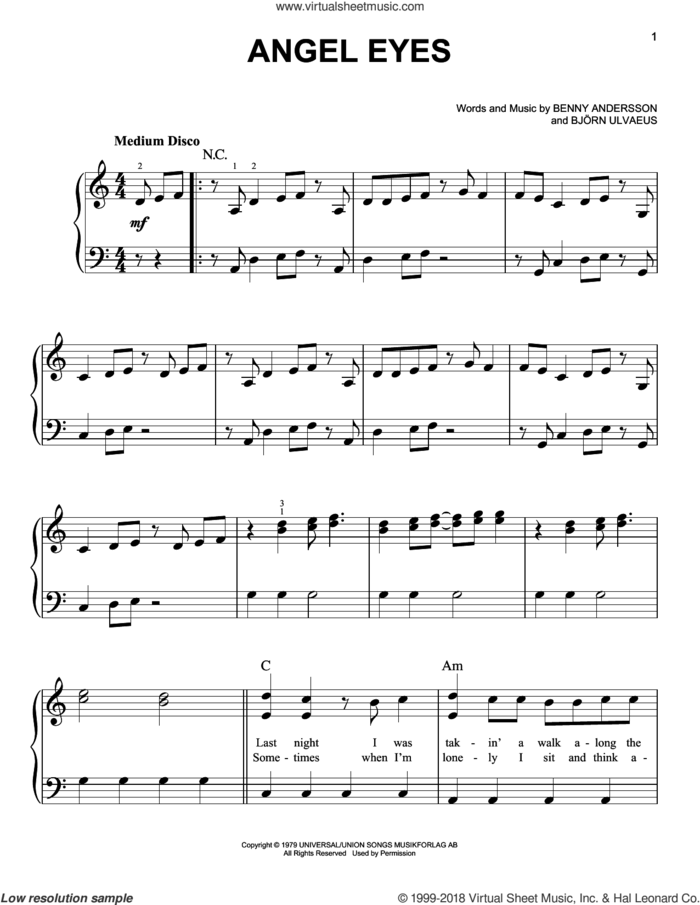 Angel Eyes (from Mamma Mia! Here We Go Again) sheet music for piano solo by ABBA, Benny Andersson and Bjorn Ulvaeus, easy skill level