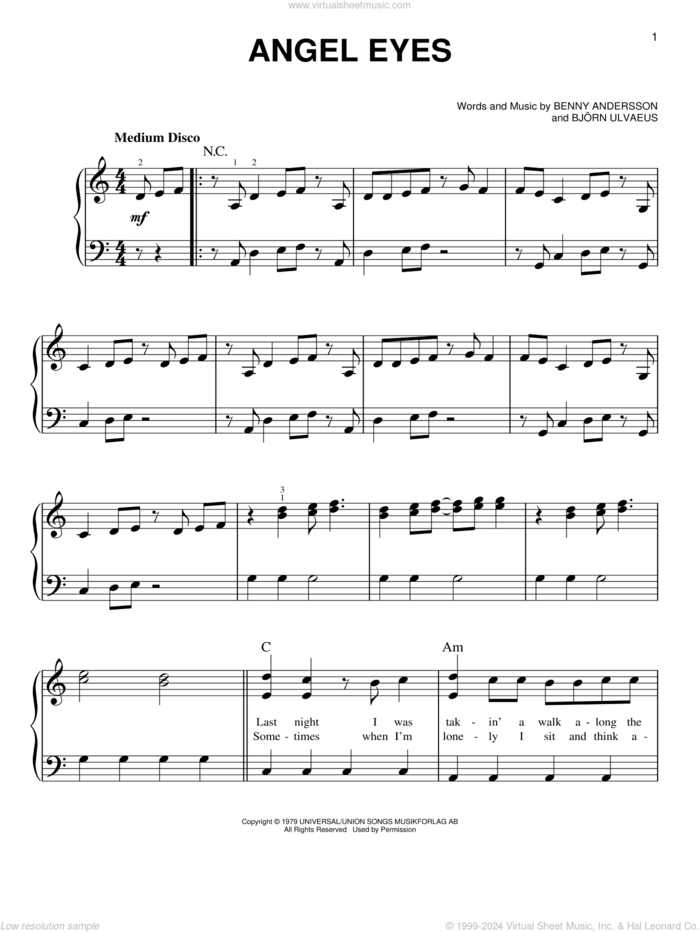 Angel Eyes (from Mamma Mia! Here We Go Again) sheet music for piano solo by ABBA, Benny Andersson and Bjorn Ulvaeus, easy skill level