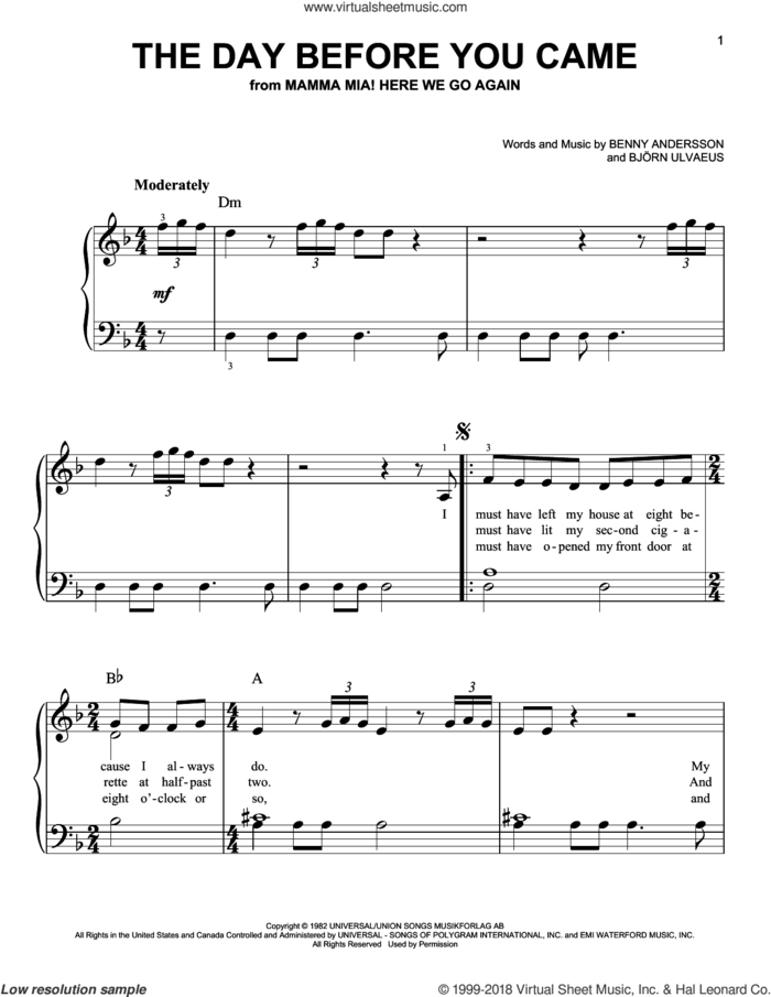 Day Before You Came (from Mamma Mia! Here We Go Again) sheet music for piano solo by ABBA, Benny Andersson and Bjorn Ulvaeus, easy skill level
