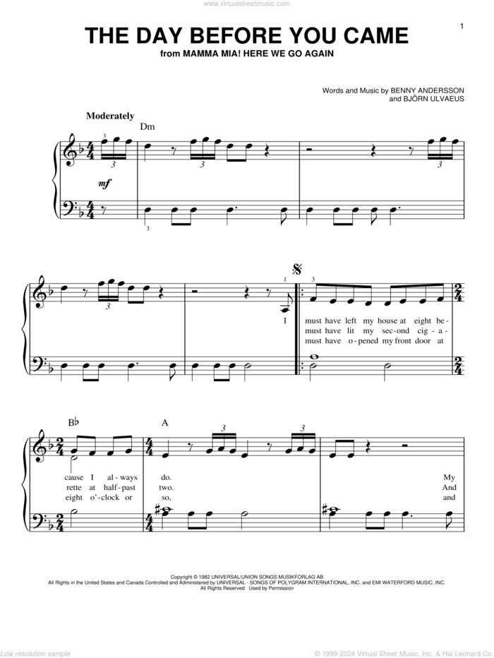 Day Before You Came (from Mamma Mia! Here We Go Again) sheet music for piano solo by ABBA, Benny Andersson and Bjorn Ulvaeus, easy skill level