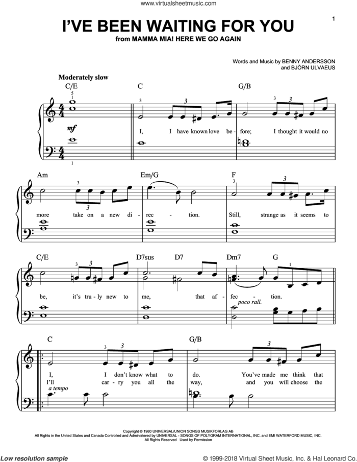 I've Been Waiting For You (from Mamma Mia! Here We Go Again) sheet music for piano solo by ABBA, Benny Andersson, Bjorn Ulvaeus and Stig Anderson, easy skill level