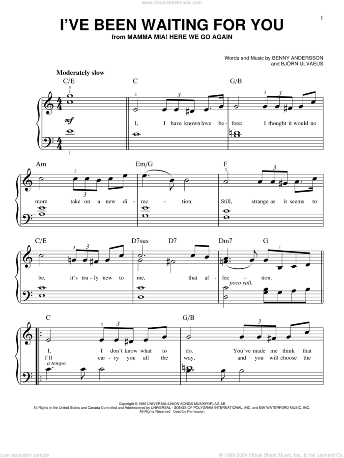 I've Been Waiting For You (from Mamma Mia! Here We Go Again) sheet music for piano solo by ABBA, Benny Andersson, Bjorn Ulvaeus and Stig Anderson, easy skill level