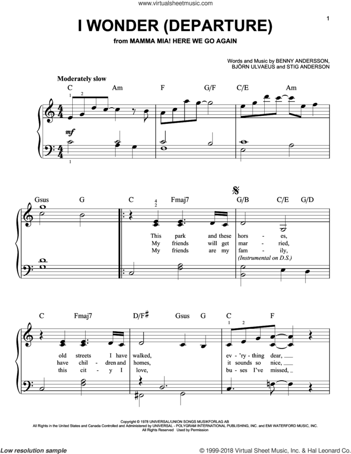 I Wonder (Departure) (from Mamma Mia! Here We Go Again) sheet music for piano solo by ABBA, Benny Andersson, Bjoern Ulvaeus and Stig Anderson, easy skill level