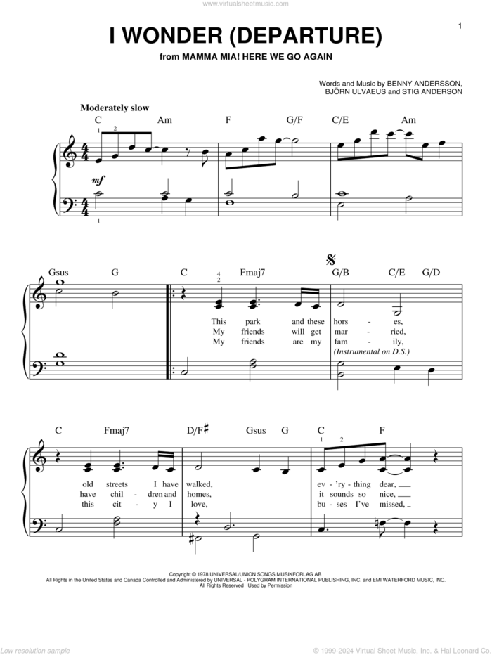 I Wonder (Departure) (from Mamma Mia! Here We Go Again) sheet music for piano solo by ABBA, Benny Andersson, Bjoern Ulvaeus and Stig Anderson, easy skill level