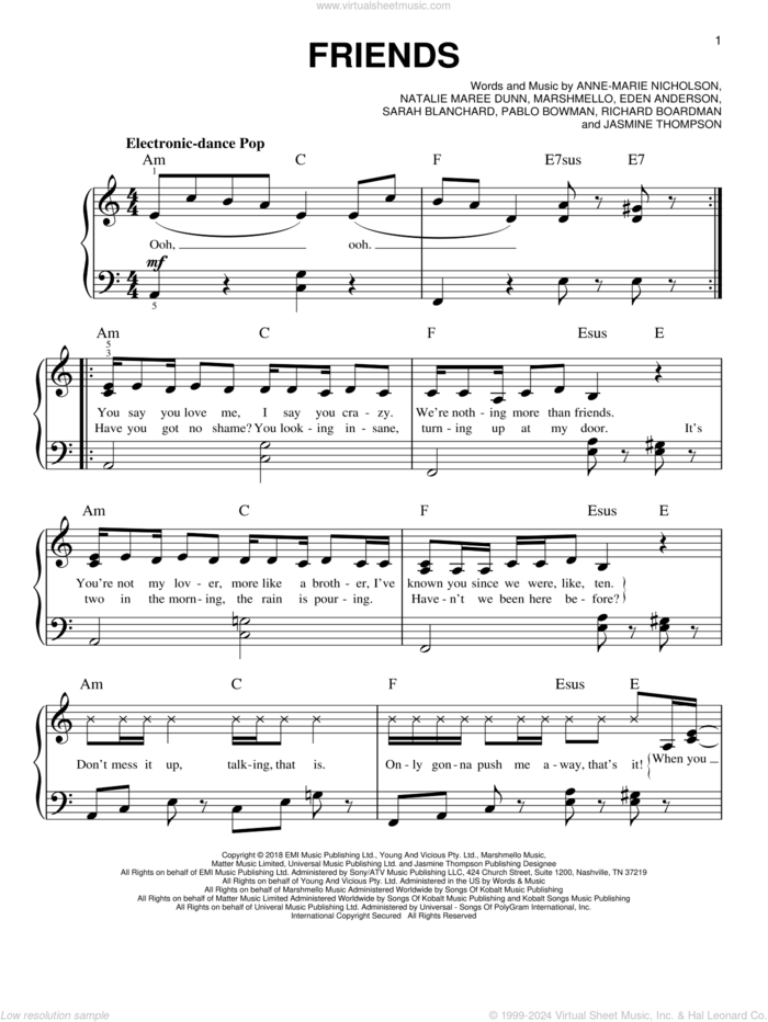 FRIENDS sheet music for piano solo by Marshmello & Anne-Marie, Anne-Marie Nicholson, Chris Comstock, Eden Anderson, Jasmine Thompson, Natalie Maree Dunn, Pablo Bowman, Richard Boardman, Sarah Blancard and Sarah Blanchard, easy skill level