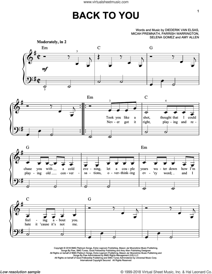 Back To You sheet music for piano solo by Selena Gomez, Amy Allen, Diederik Van Elsas, Micah Premnath, Parrish Warrington and Selena Marie Gomez, easy skill level