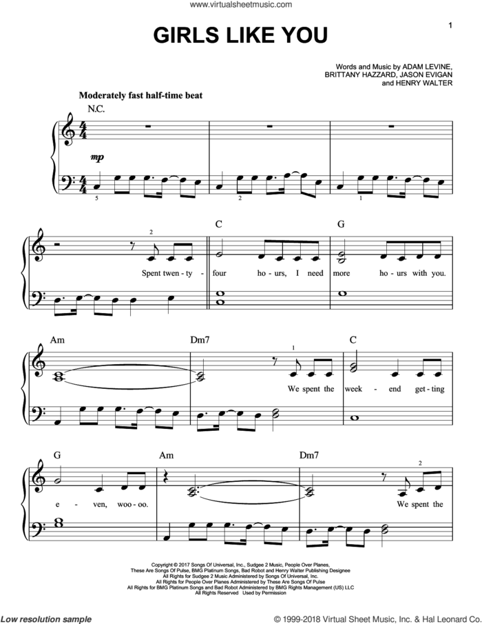 Girls Like You, (easy) sheet music for piano solo by Maroon 5, Adam Levine, Brittany Hazzard, Henry Walter and Jason Evigan, easy skill level