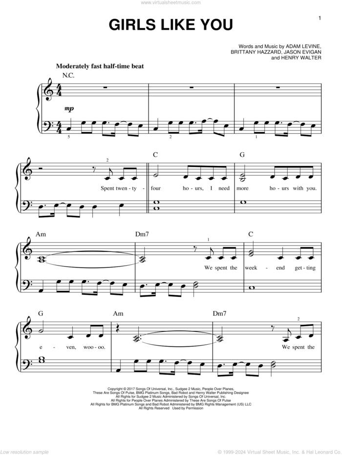 Girls Like You, (easy) sheet music for piano solo by Maroon 5, Adam Levine, Brittany Hazzard, Henry Walter and Jason Evigan, easy skill level