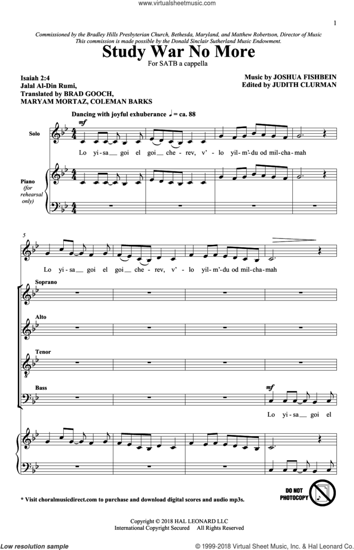 Study War No More sheet music for choir (SATB: soprano, alto, tenor, bass) by Joshua Fishbein, Brad Gooch (trans.), Coleman Barks (trans.), Isaiah 2:4, Jalal Al-Din Rumi and Maryam Mortaz (trans.), intermediate skill level