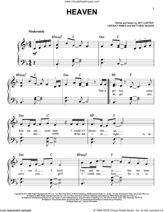 Heaven sheet music for piano solo by Kane Brown, Lindsay Rimes, Matthew McGinn and Shy Carter, easy skill level