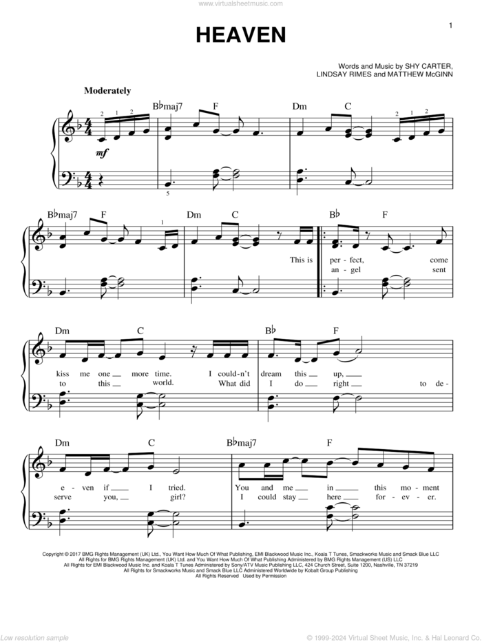 Heaven sheet music for piano solo by Kane Brown, Lindsay Rimes, Matthew McGinn and Shy Carter, easy skill level