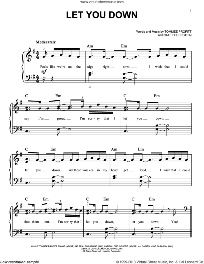 Let You Down sheet music for piano solo by NF, Nate Feuerstein and Tommee Profitt, easy skill level