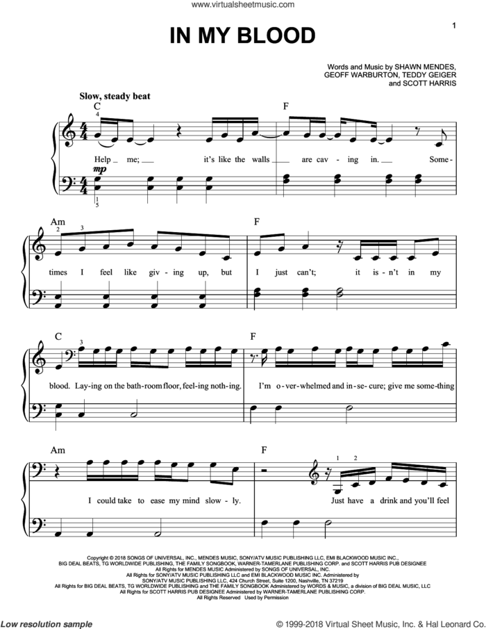 In My Blood sheet music for piano solo by Shawn Mendes, Geoff Warburton, Scott Harris and Teddy Geiger, easy skill level