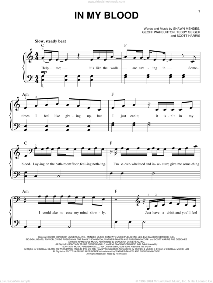 In My Blood sheet music for piano solo by Shawn Mendes, Geoff Warburton, Scott Harris and Teddy Geiger, easy skill level