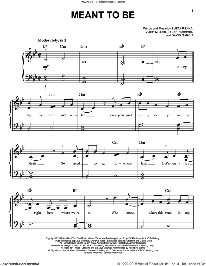 Meant To Be (feat. Florida Georgia Line) sheet music for piano solo by Bleta Rexha, Bebe Rexha, David Garcia, Josh Miller and Tyler Hubbard, easy skill level