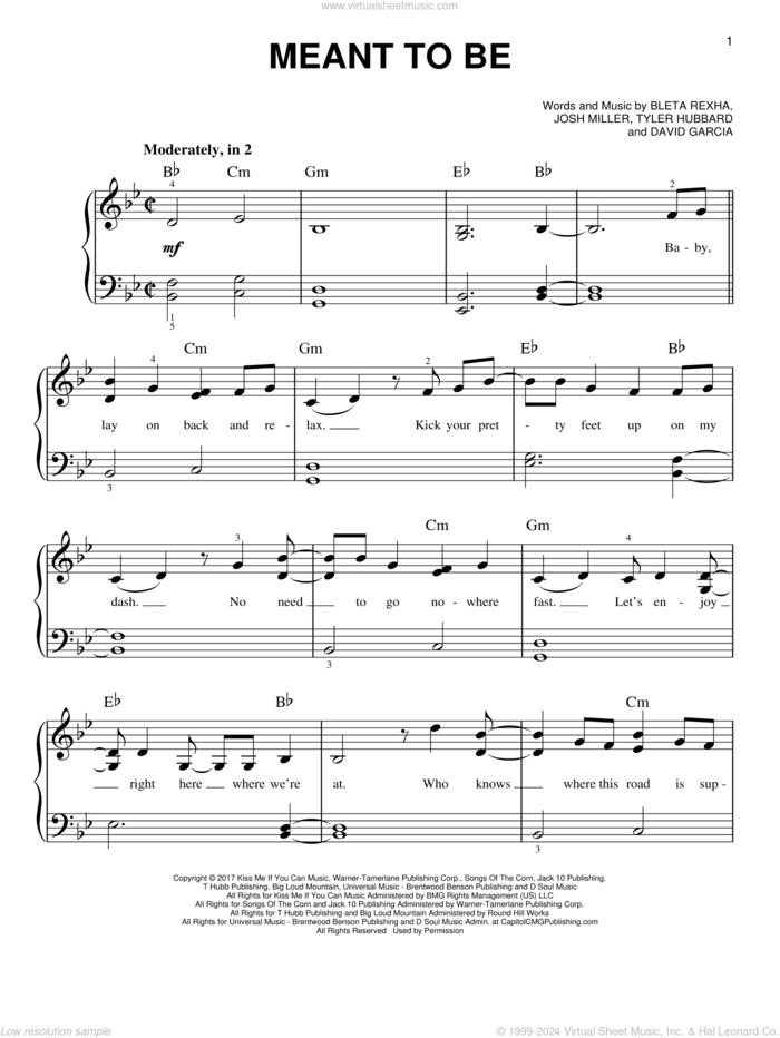 Meant To Be (feat. Florida Georgia Line) sheet music for piano solo by Bleta Rexha, Bebe Rexha, David Garcia, Josh Miller and Tyler Hubbard, easy skill level