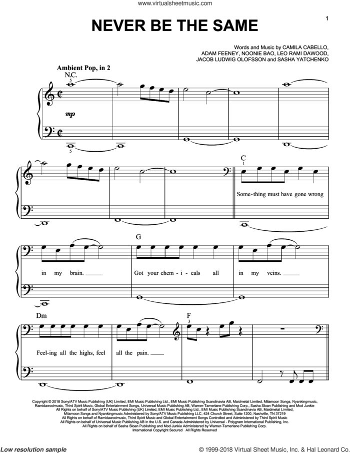 Never Be The Same sheet music for piano solo by Camila Cabello, Adam Feeney, Jacob Ludwig Olofsson, Leo Rami Dawood and Noonie Bao, easy skill level