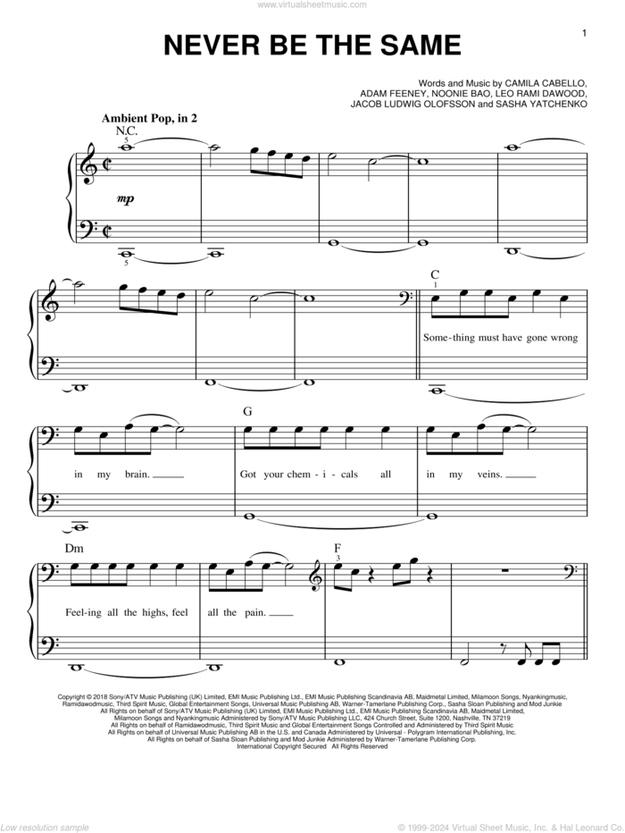 Never Be The Same sheet music for piano solo by Camila Cabello, Adam Feeney, Jacob Ludwig Olofsson, Leo Rami Dawood and Noonie Bao, easy skill level