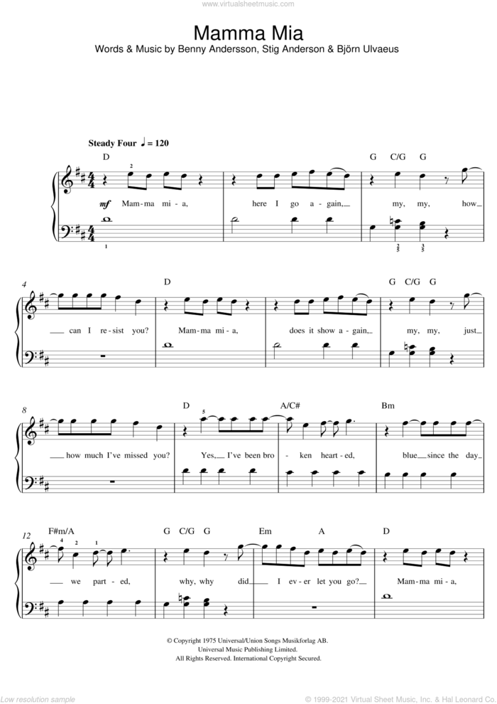 Mamma Mia (from Mamma Mia! Here We Go Again) sheet music for piano solo (beginners) by ABBA, Benny Andersson, Bjorn Ulvaeus and Stig Anderson, beginner piano (beginners)