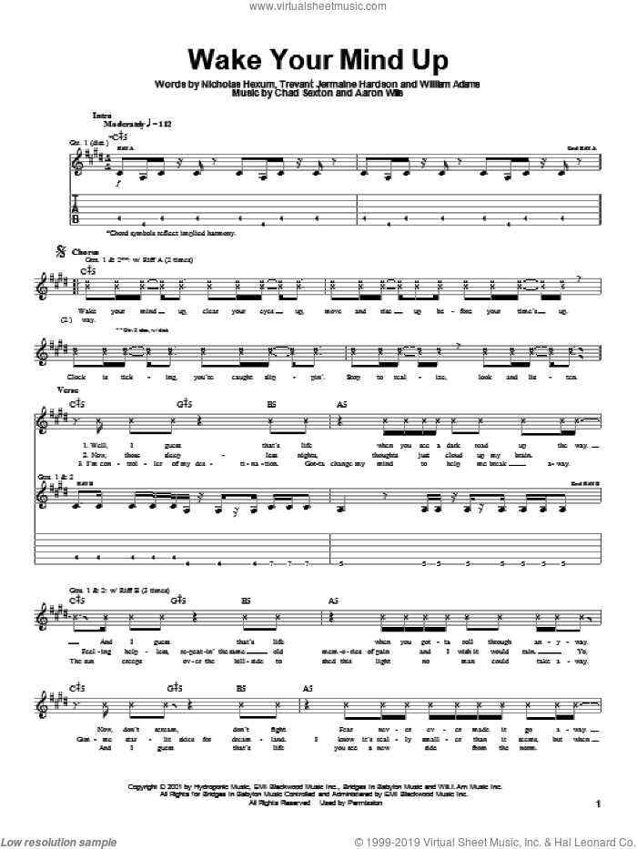 Wake Your Mind Up sheet music for guitar (tablature) by 311, Nicholas Hexum, Trevant Jermaine Hardson and Will Adams, intermediate skill level