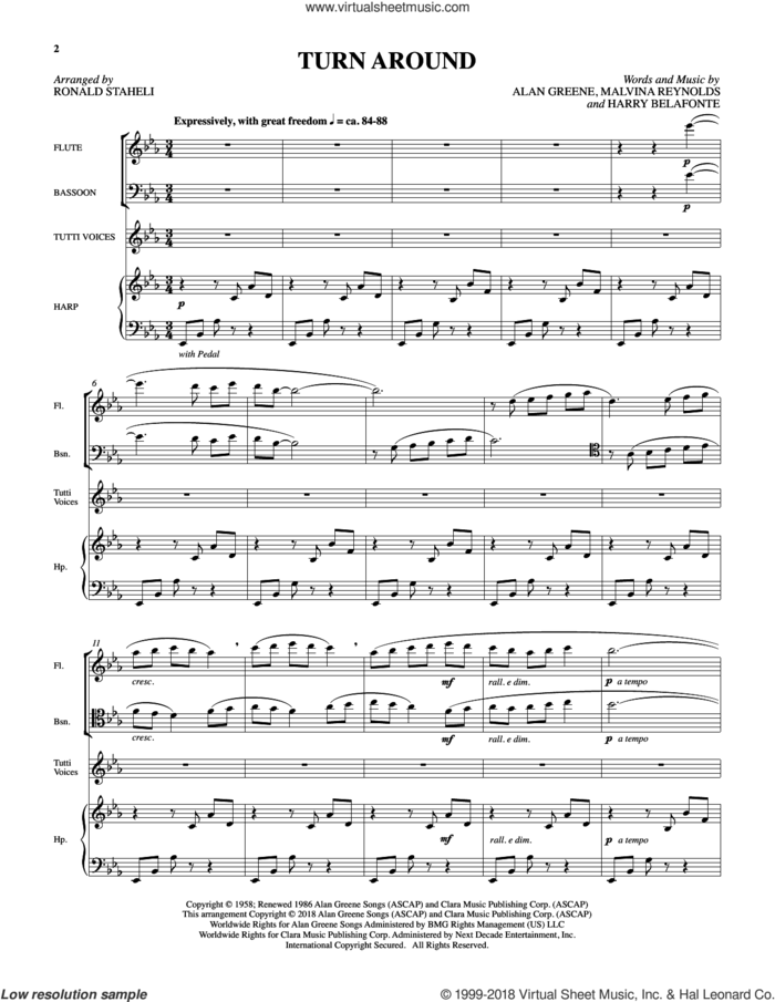 Turn Around (arr. Ronald Staheli) sheet music for orchestra/band (score) by Malvina Reynolds, Harry Belafonte, Sonny & Cher and Alan Greene, intermediate skill level