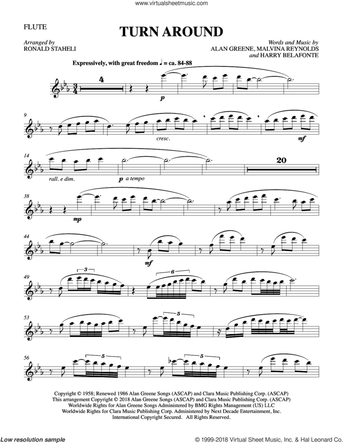 Turn Around (arr. Ronald Staheli) sheet music for orchestra/band (flute) by Malvina Reynolds, Harry Belafonte, Sonny & Cher and Alan Greene, intermediate skill level