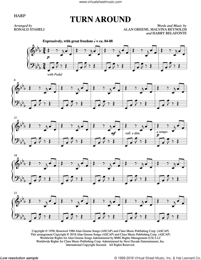 Turn Around (arr. Ronald Staheli) sheet music for orchestra/band (harp) by Malvina Reynolds, Harry Belafonte, Sonny & Cher and Alan Greene, intermediate skill level