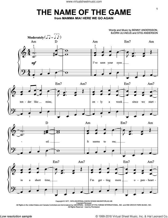 The Name Of The Game (from Mamma Mia! Here We Go Again) sheet music for piano solo by ABBA, Benny Andersson, Bjorn Ulvaeus and Stig Anderson, easy skill level