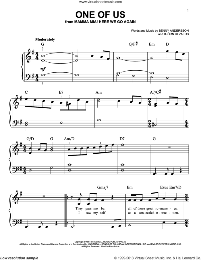 One Of Us (from Mamma Mia! Here We Go Again) sheet music for piano solo by ABBA, Benny Andersson and Bjorn Ulvaeus, easy skill level