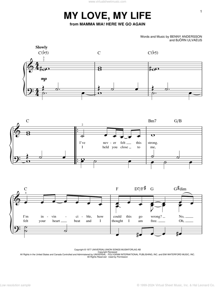 My Love, My Life (from Mamma Mia! Here We Go Again) sheet music for piano solo by ABBA, Benny Andersson, Bjorn Ulvaeus and Stig Anderson, easy skill level