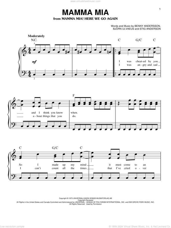 Mamma Mia (from Mamma Mia! Here We Go Again) sheet music for piano solo by ABBA, Meryl Streep, Benny Andersson, Bjorn Ulvaeus and Stig Anderson, easy skill level