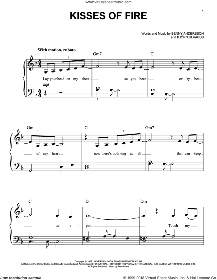 Kisses Of Fire (from Mamma Mia! Here We Go Again) sheet music for piano solo by ABBA, Benny Andersson and Bjorn Ulvaeus, easy skill level