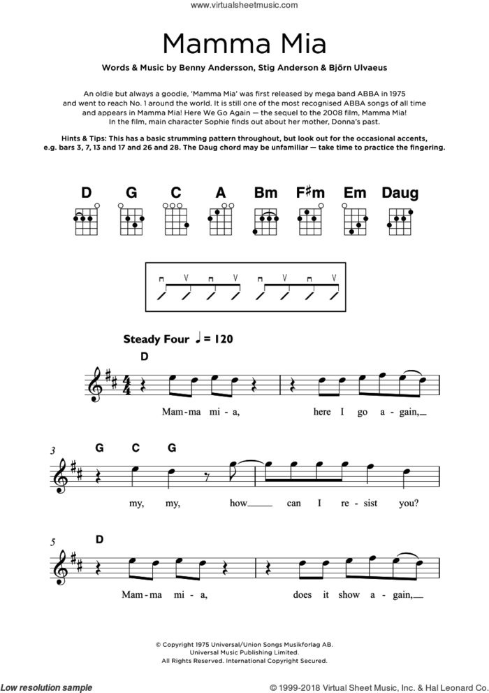 Mamma Mia (from Mamma Mia! Here We Go Again) sheet music for ukulele by ABBA, Benny Andersson, Bjorn Ulvaeus and Stig Anderson, intermediate skill level