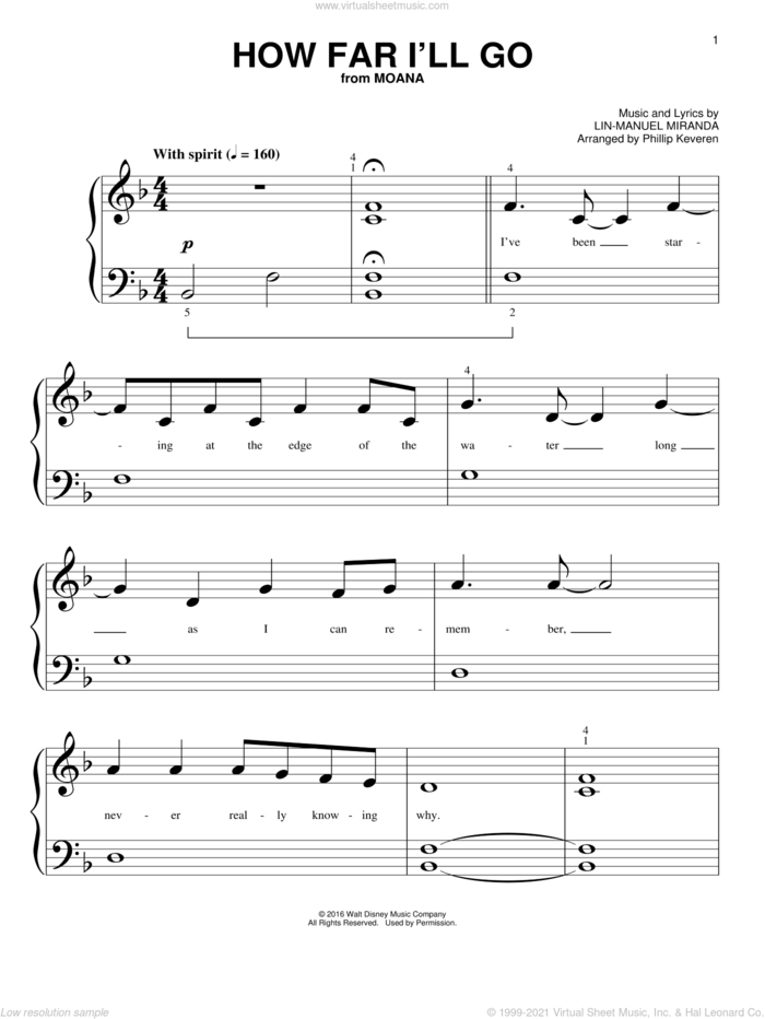 How Far I'll Go (from Moana) (arr. Phillip Keveren) sheet music for piano solo (big note book) by Lin-Manuel Miranda, Alessia Cara and Phillip Keveren, easy piano (big note book)