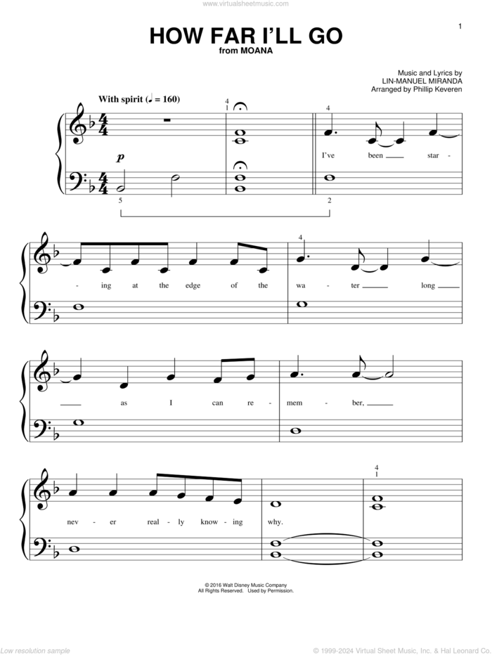 How Far I'll Go (from Moana) (arr. Phillip Keveren) sheet music for piano solo (big note book) by Lin-Manuel Miranda, Alessia Cara and Phillip Keveren, easy piano (big note book)