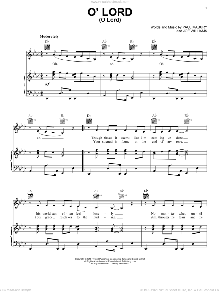 O' Lord sheet music for voice, piano or guitar by Lauren Daigle, Joe Williams and Paul Mabury, intermediate skill level
