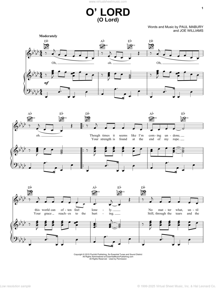 O' Lord sheet music for voice, piano or guitar by Lauren Daigle, Joe Williams and Paul Mabury, intermediate skill level