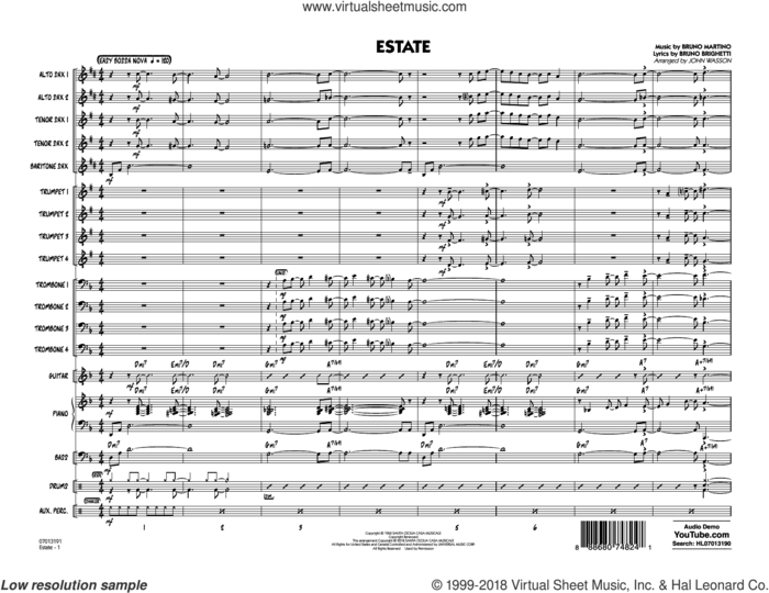 Estate (COMPLETE) sheet music for jazz band by John Wasson, Bruno Brighetti and Bruno Martino, intermediate skill level