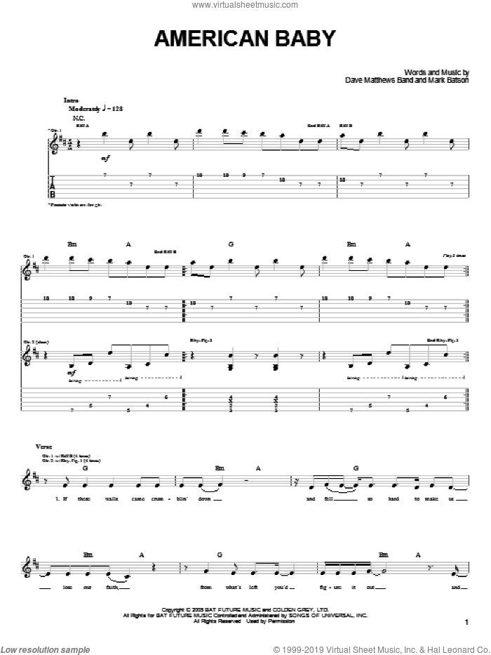 American Baby sheet music for guitar (tablature) by Dave Matthews Band and Mark Batson, intermediate skill level