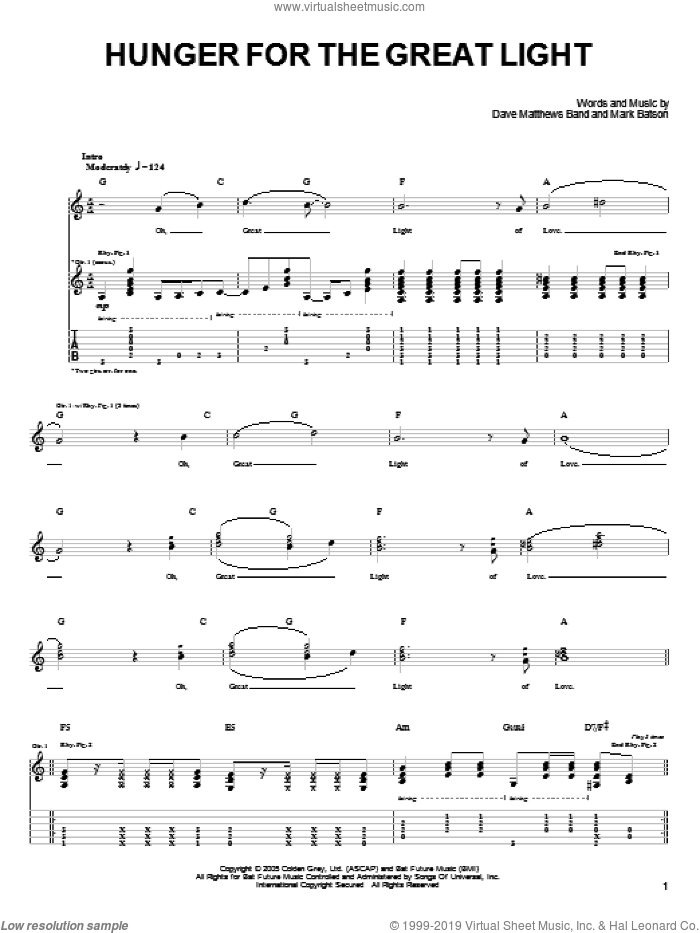 Hunger For The Great Light sheet music for guitar (tablature) by Dave Matthews Band and Mark Batson, intermediate skill level