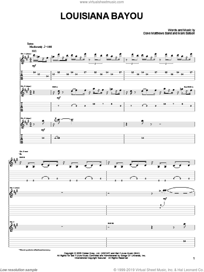 Louisiana Bayou sheet music for guitar (tablature) by Dave Matthews Band and Mark Batson, intermediate skill level