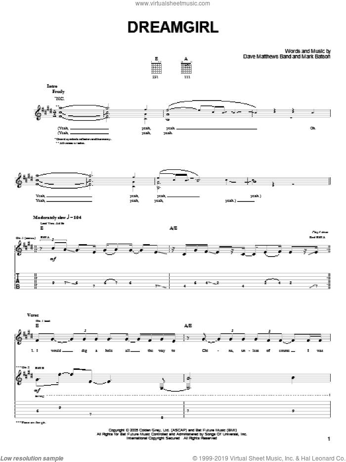 Dreamgirl sheet music for guitar (tablature) by Dave Matthews Band and Mark Batson, intermediate skill level