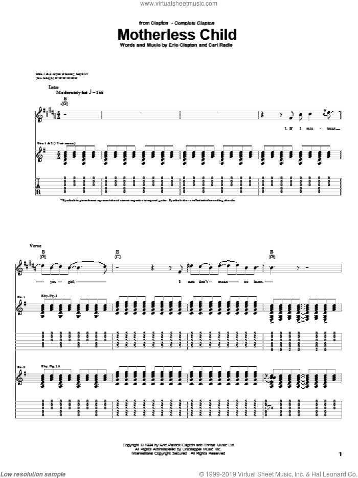 Motherless Child sheet music for guitar (tablature) by Eric Clapton and Carl Radle, intermediate skill level