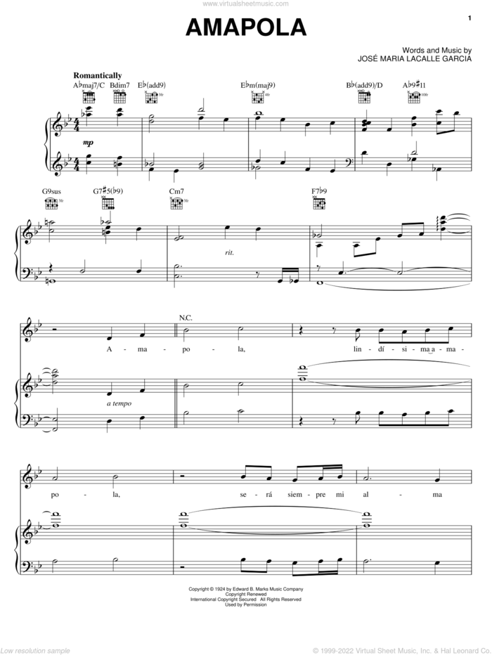 Amapola (Pretty Little Poppy) sheet music for voice, piano or guitar by Andrea Bocelli, Albert Gamse and Joseph M. Lacalle, intermediate skill level