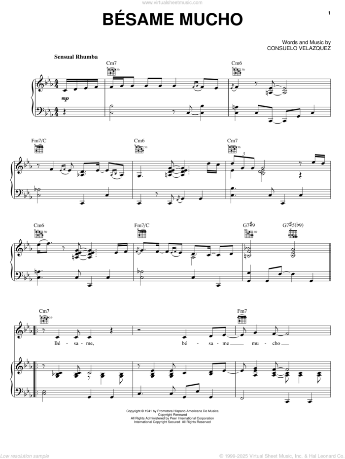 Besame Mucho (Kiss Me Much) sheet music for voice, piano or guitar by Andrea Bocelli, Consuelo Velazquez and Sunny Skylar, intermediate skill level