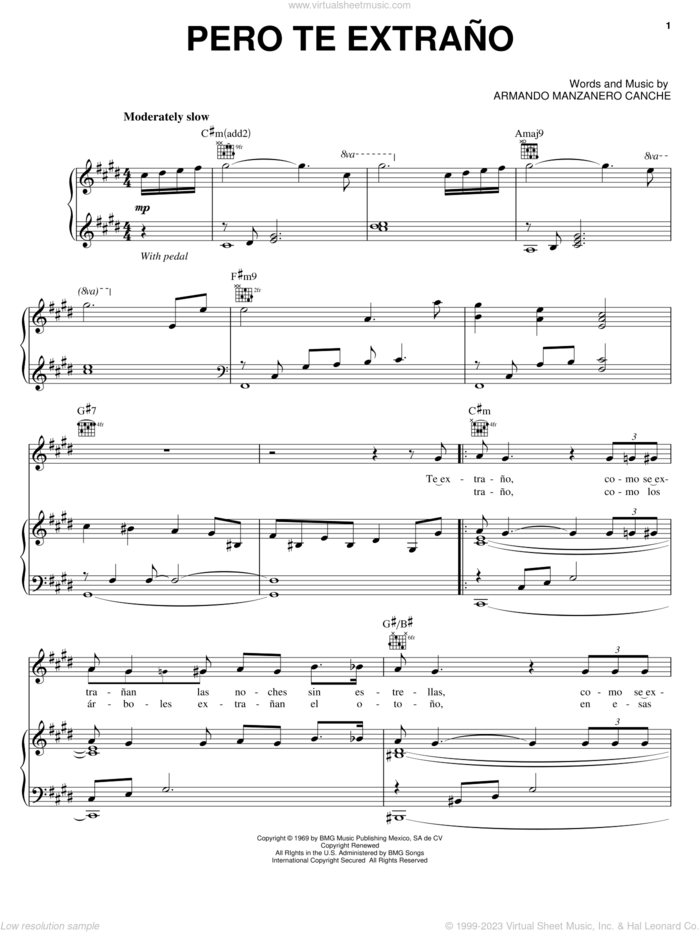 Pero Te Extrano sheet music for voice, piano or guitar by Andrea Bocelli and Armando Manzanero Canche, classical score, intermediate skill level