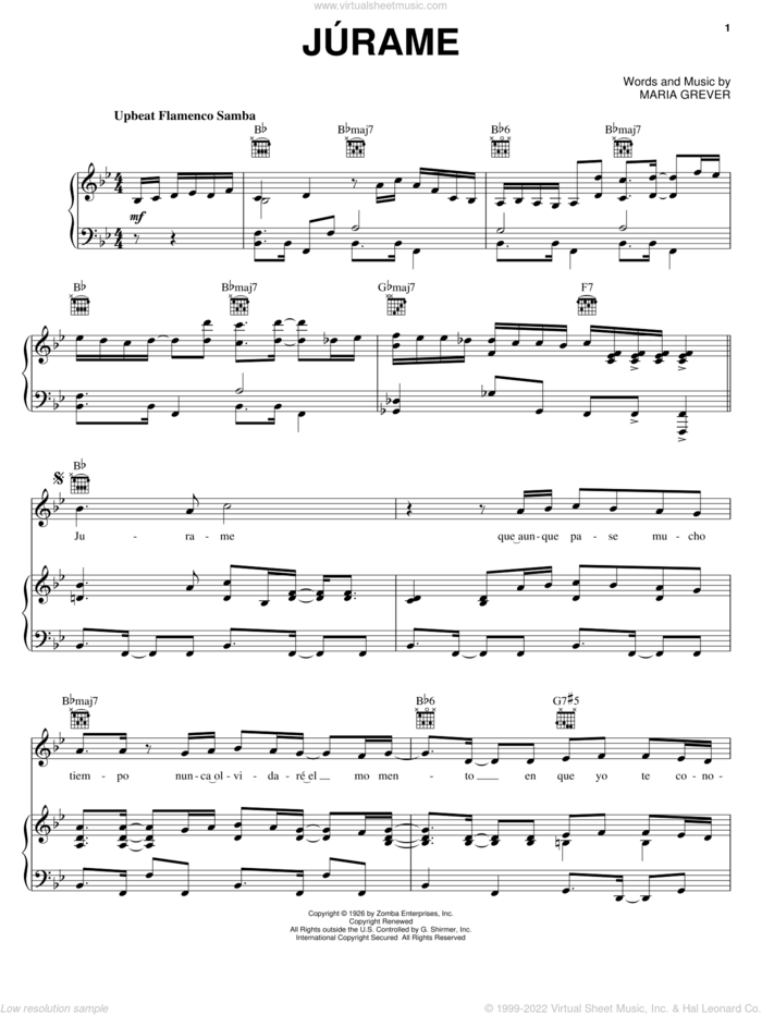 Jurame sheet music for voice, piano or guitar by Andrea Bocelli and Maria Grever, classical score, intermediate skill level